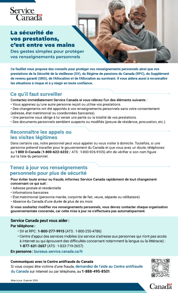Affiche de Service Canada sur la prévention de la fraude et la protection des prestations pour les aînés.