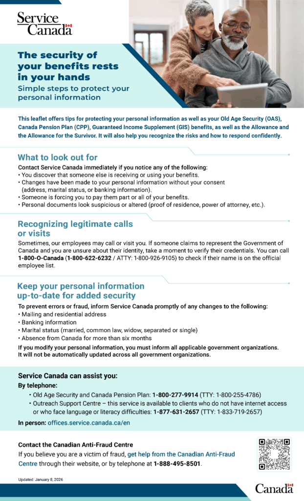 Service Canada poster on fraud prevention and benefit protection for seniors.
